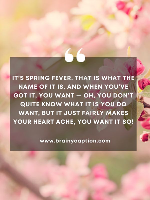 Quote Of The Day March 16- It’s spring fever. That is what the name of it is. And when you’ve got it, you want — oh, you don’t quite know what it is you do want, but it just fairly makes your heart ache, you want it so!