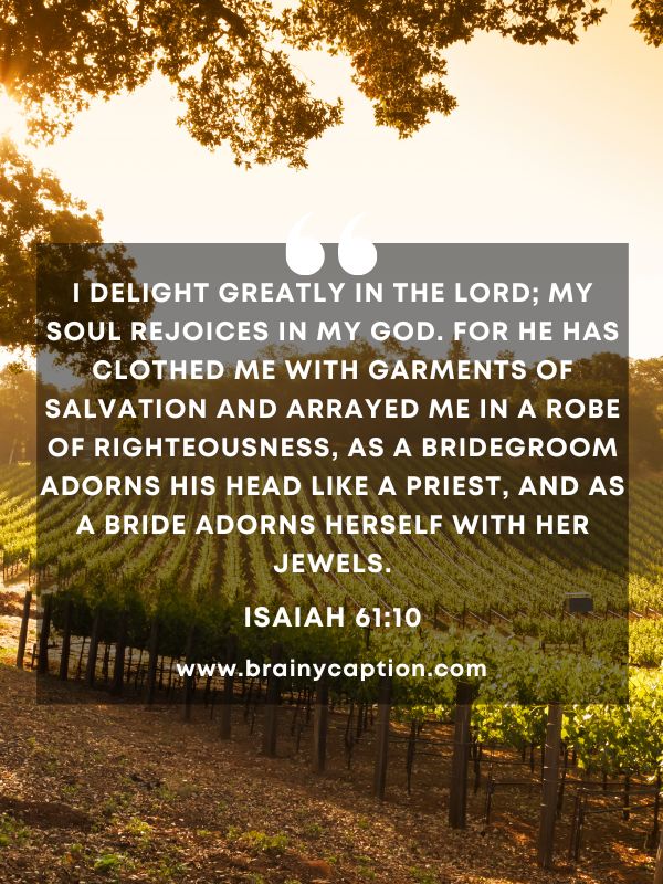 Verse Of The Day March 16- I delight greatly in the LORD; my soul rejoices in my God. For he has clothed me with garments of salvation and arrayed me in a robe of righteousness, as a bridegroom adorns his head like a priest, and as a bride adorns herself with her jewels.