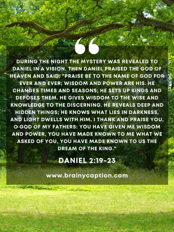 Verse Of The Day March 4- During the night the mystery was revealed to Daniel in a vision. Then Daniel praised the God of heaven and said: "Praise be to the name of God for ever and ever; wisdom and power are his. He changes times and seasons; he sets up kings and deposes them. He gives wisdom to the wise and knowledge to the discerning. He reveals deep and hidden things; he knows what lies in darkness, and light dwells with him. I thank and praise you, O God of my fathers: You have given me wisdom and power, you have made known to me what we asked of you, you have made known to us the dream of the king."